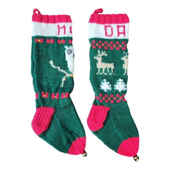 Vintage Knit Mom Dad Christmas Stockings Owl Reindeer Green Red Bell Nordic - Picture 1 of 9